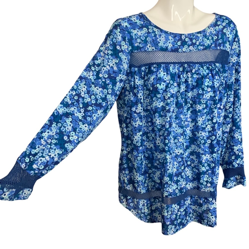 GAP Blue Floral Print Mesh Inset Long Sleeve Modal Blouse XL
